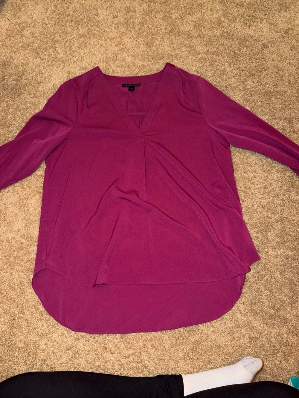 Attention Women's Magenta Purple Long Sleeve V-Neck High-Low Blouse Top Size L